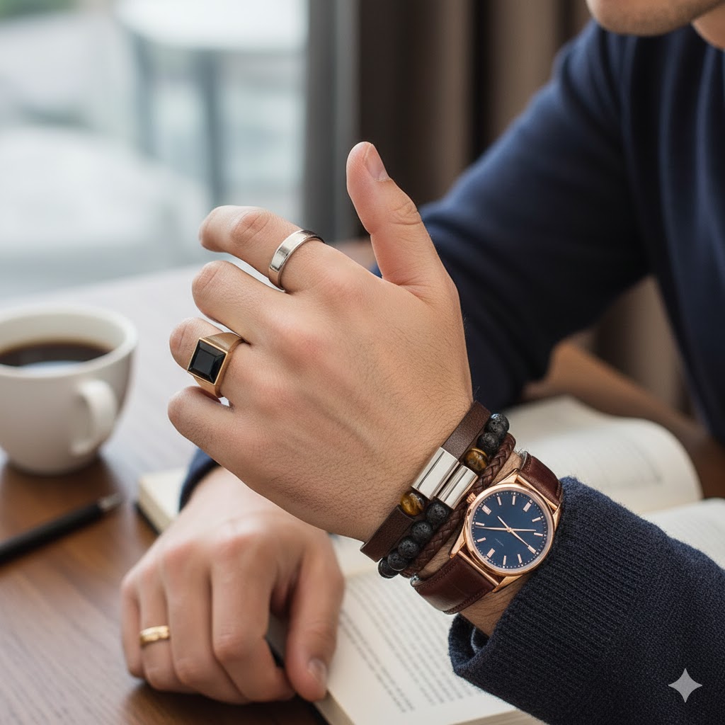 موضة المجوهرات الرجالية: دليل شامل للخواتم والأساور الأنيقة.