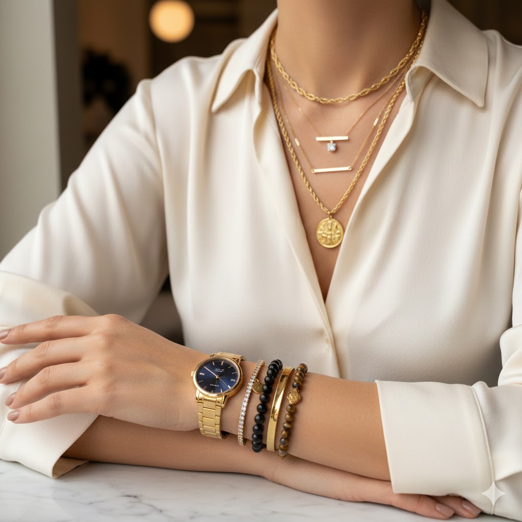 فن ارتداء المجوهرات الطبقات (Layering): دليل تنسيق القلائد والأساور.